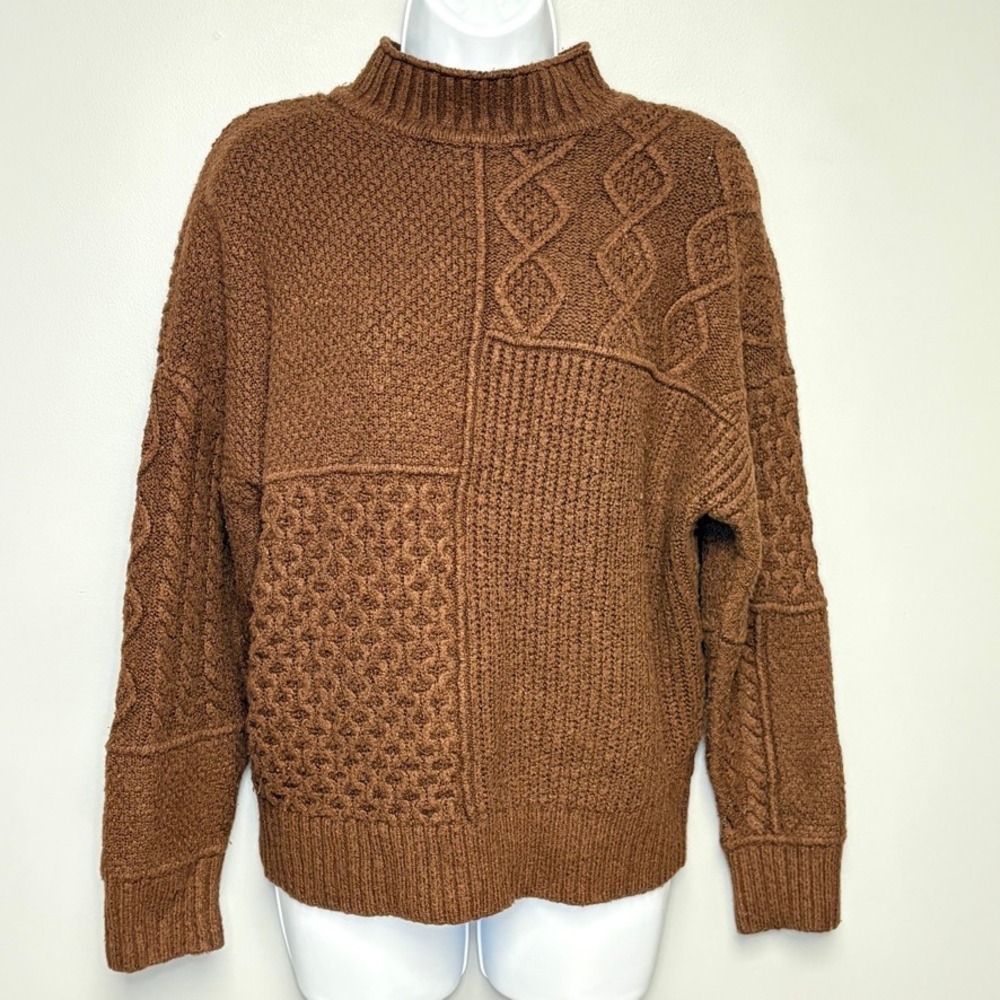 American Eagle Brown Cable Knit Neutral Casual Classic Mock Neck Sweater Sz M
